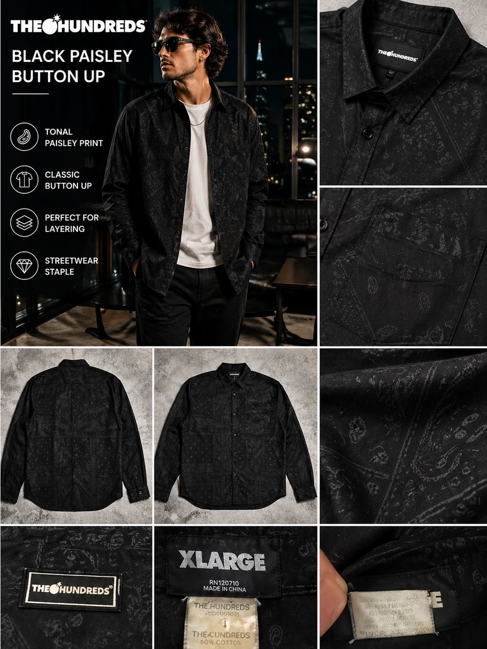 The Hundreds Black Paisley Long Sleeve Button Up Shirt Streetwear Mens